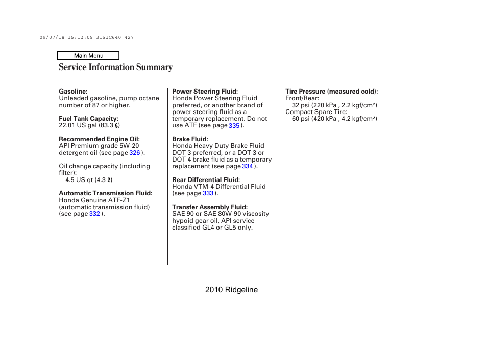 Service inf ormation summary, Service information summary | HONDA 2010 Ridgeline User Manual | Page 422 / 423