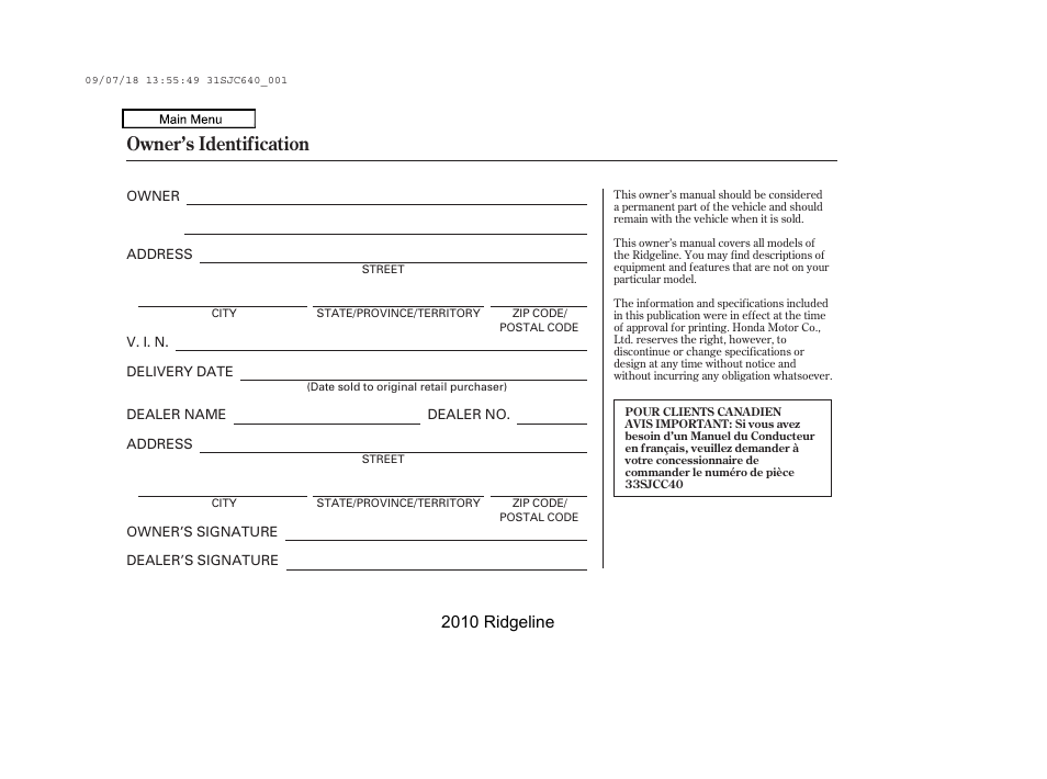 Owner's identification form, Owner’s identification, 2010 ridgeline | HONDA 2010 Ridgeline User Manual | Page 423 / 423