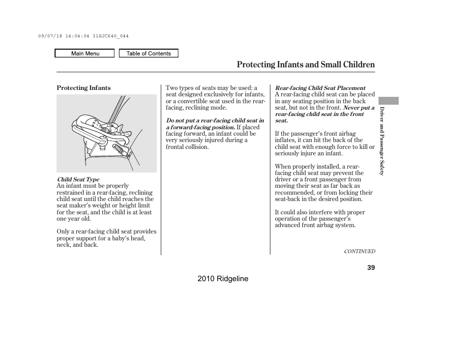 Protecting infants and small children, 2010 ridgeline | HONDA 2010 Ridgeline User Manual | Page 43 / 423