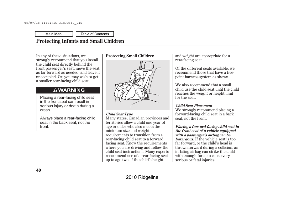 Protecting infants and small children | HONDA 2010 Ridgeline User Manual | Page 44 / 423