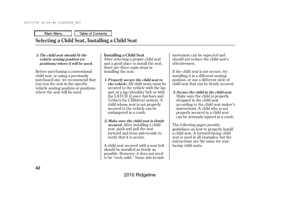 Selecting a child seat, installing a child seat | HONDA 2010 Ridgeline User Manual | Page 46 / 423