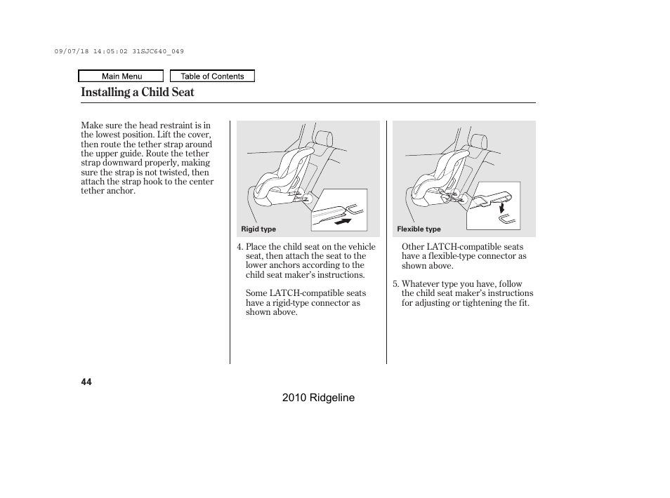 Installing a child seat | HONDA 2010 Ridgeline User Manual | Page 48 / 423