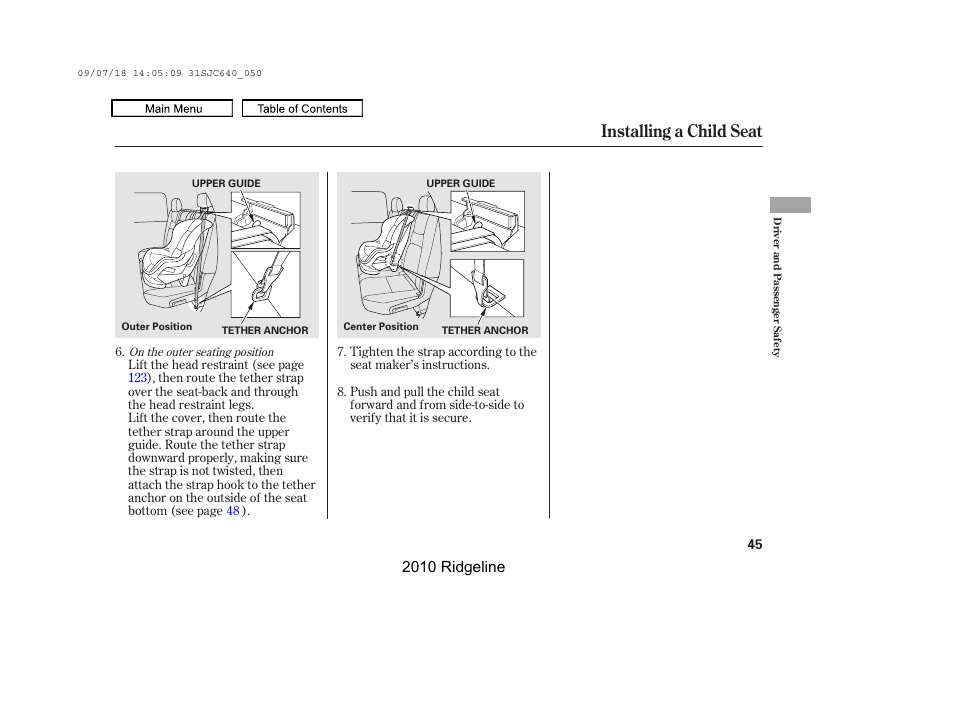 Installing a child seat, 2010 ridgeline | HONDA 2010 Ridgeline User Manual | Page 49 / 423