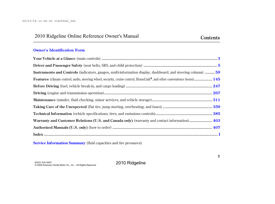 HONDA 2010 Ridgeline User Manual | Page 5 / 423