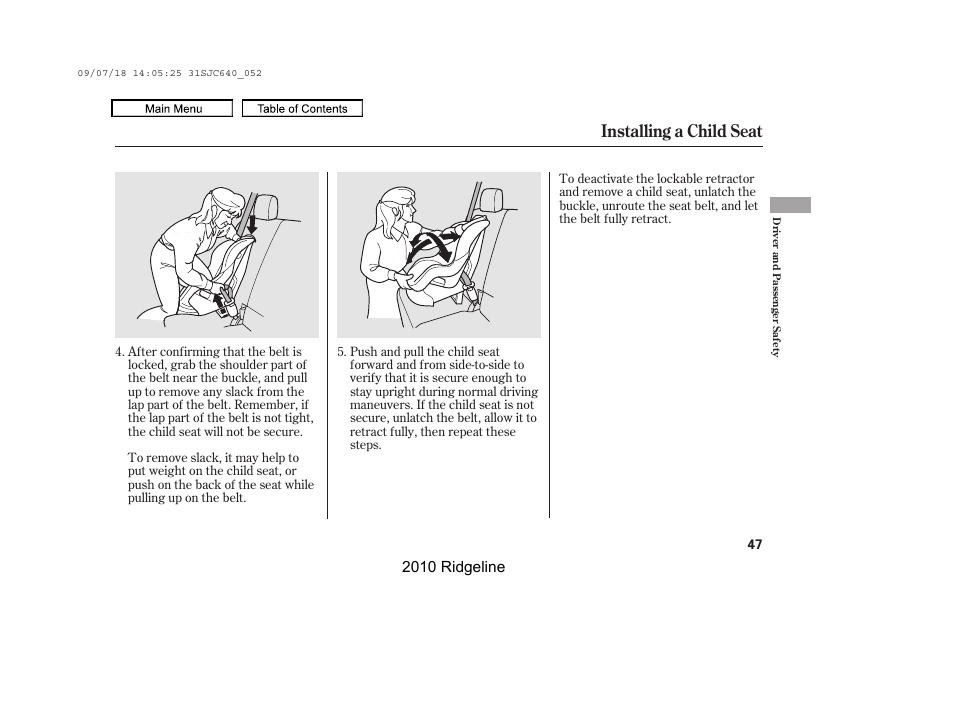 Installing a child seat | HONDA 2010 Ridgeline User Manual | Page 51 / 423