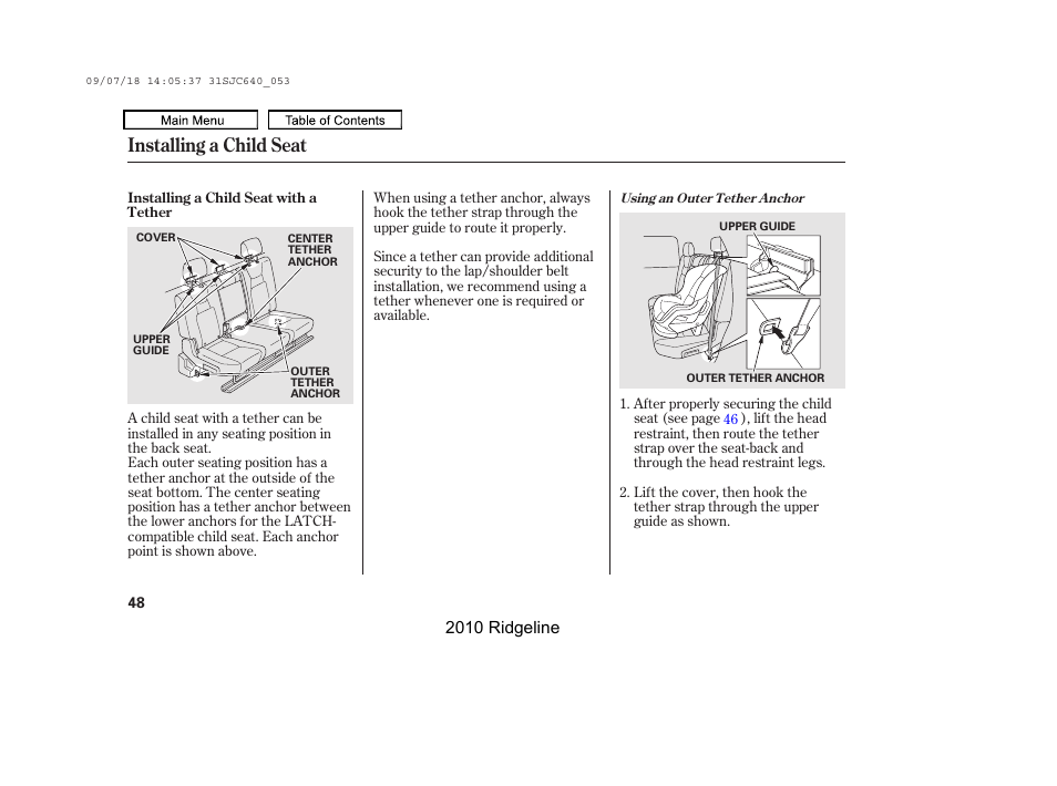 Installing a child seat | HONDA 2010 Ridgeline User Manual | Page 52 / 423