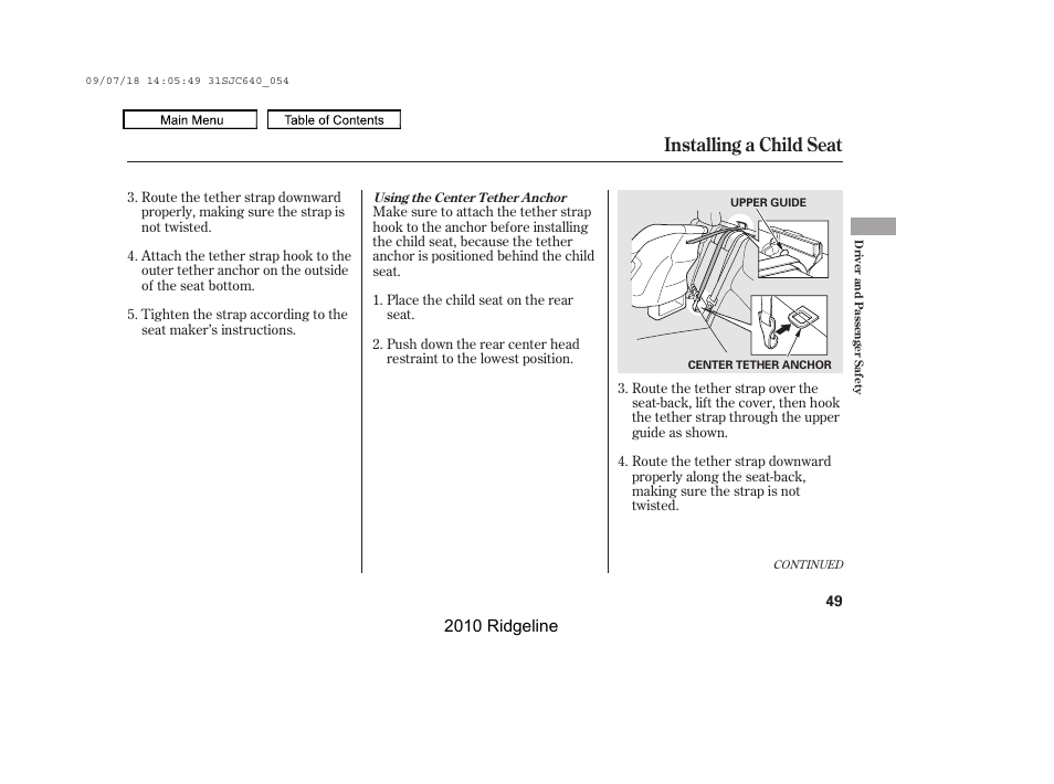 Installing a child seat, 2010 ridgeline | HONDA 2010 Ridgeline User Manual | Page 53 / 423