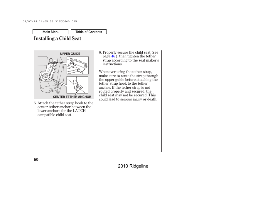 Installing a child seat | HONDA 2010 Ridgeline User Manual | Page 54 / 423