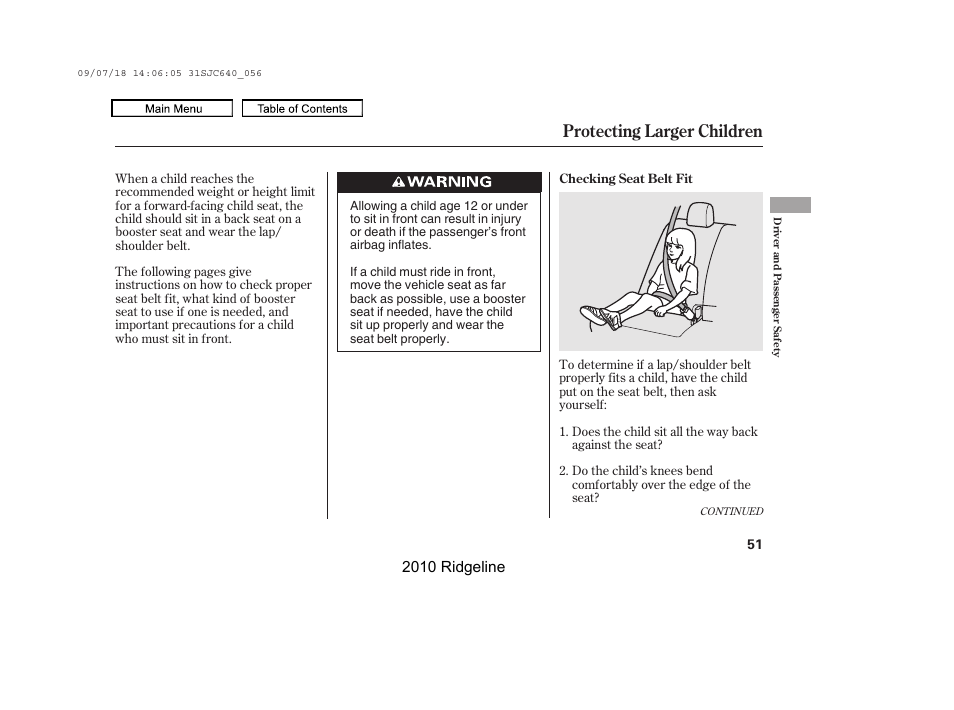 Protecting larger children | HONDA 2010 Ridgeline User Manual | Page 55 / 423