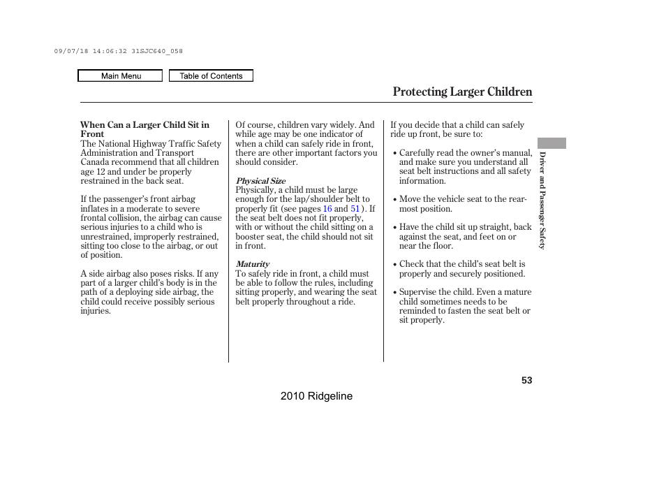 Protecting larger children | HONDA 2010 Ridgeline User Manual | Page 57 / 423