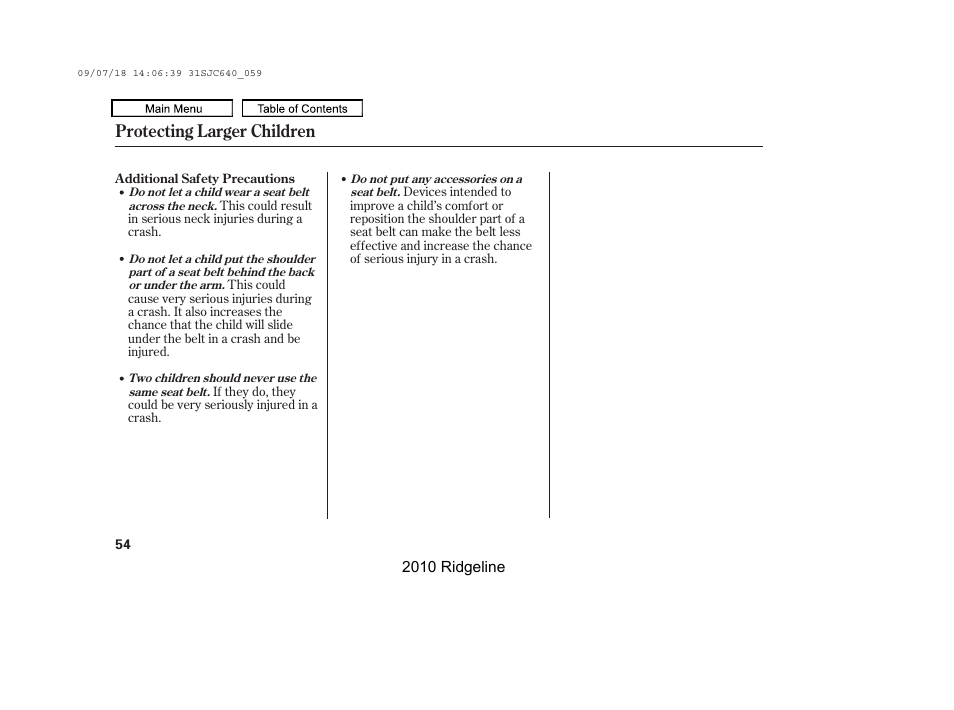 Protecting larger children | HONDA 2010 Ridgeline User Manual | Page 58 / 423