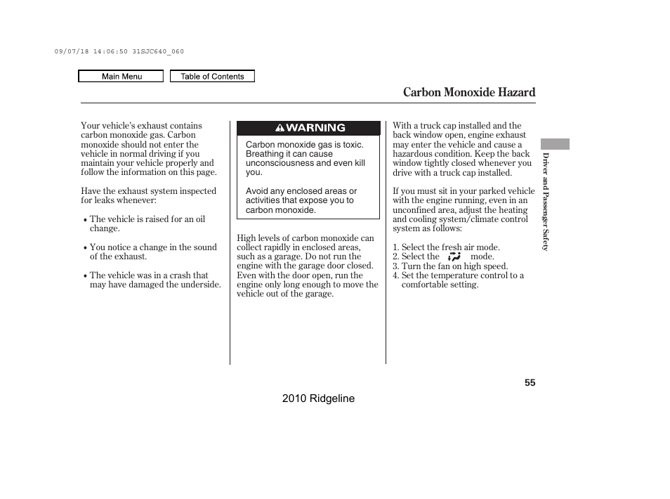 Carbon monoxide hazard | HONDA 2010 Ridgeline User Manual | Page 59 / 423