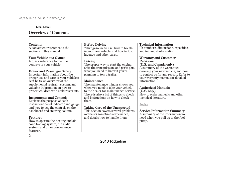 Overview of contents | HONDA 2010 Ridgeline User Manual | Page 6 / 423