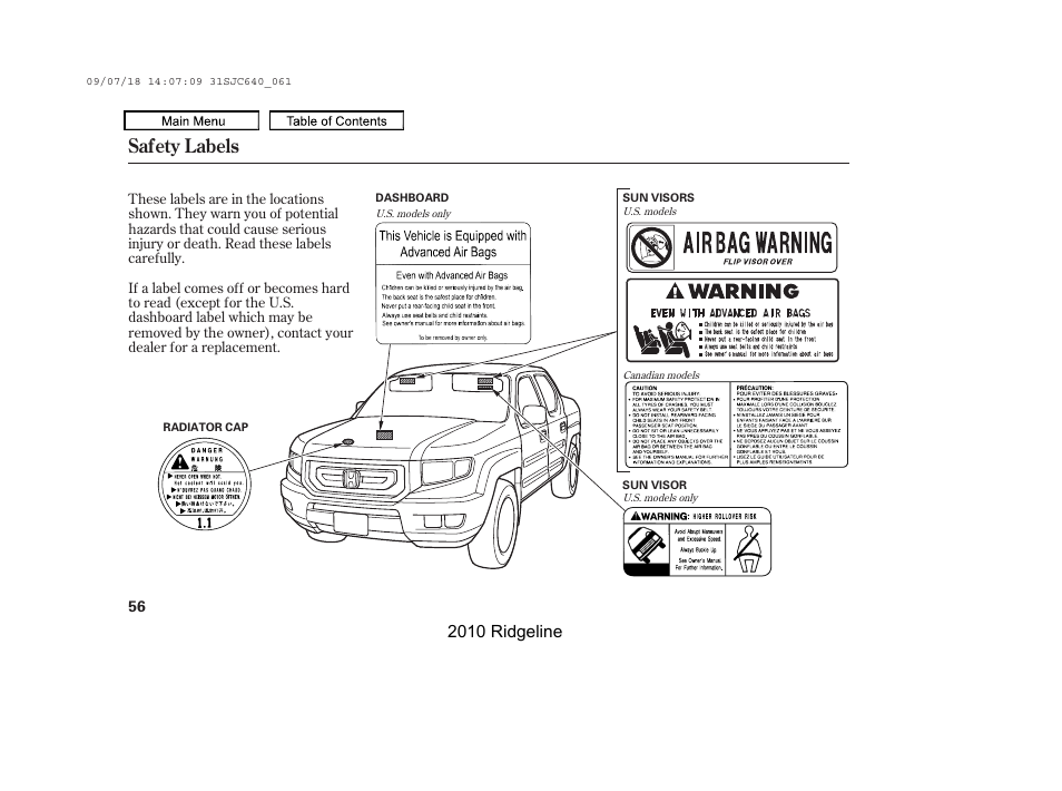 Safety labels, 2010 ridgeline | HONDA 2010 Ridgeline User Manual | Page 60 / 423