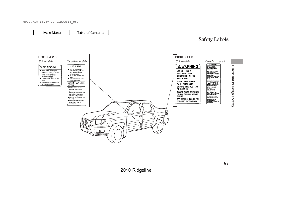 Safety labels, 2010 ridgeline | HONDA 2010 Ridgeline User Manual | Page 61 / 423