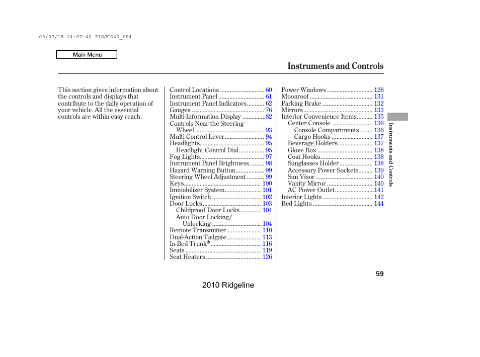 Instruments and controls | HONDA 2010 Ridgeline User Manual | Page 63 / 423