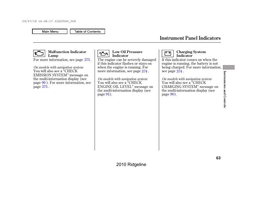 Instrument panel indicators | HONDA 2010 Ridgeline User Manual | Page 67 / 423