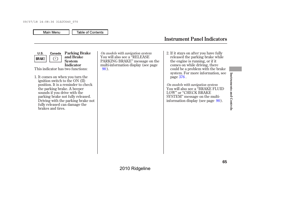 Instrument panel indicators, 2010 ridgeline | HONDA 2010 Ridgeline User Manual | Page 69 / 423