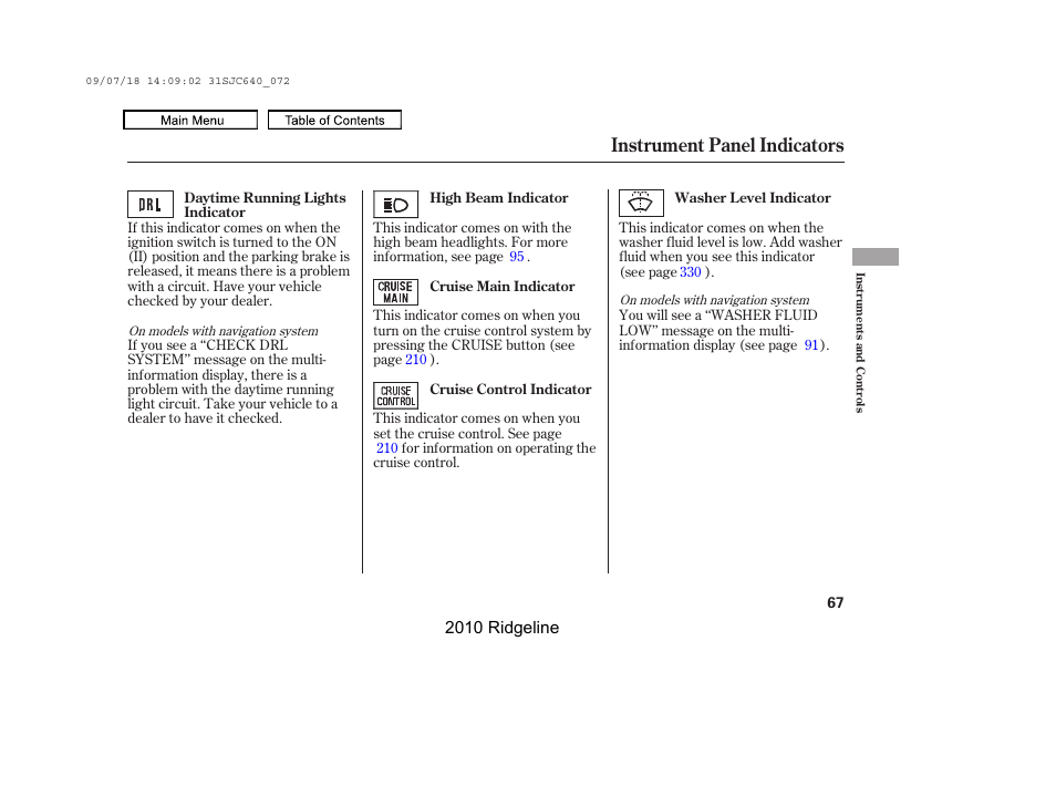 Instrument panel indicators | HONDA 2010 Ridgeline User Manual | Page 71 / 423