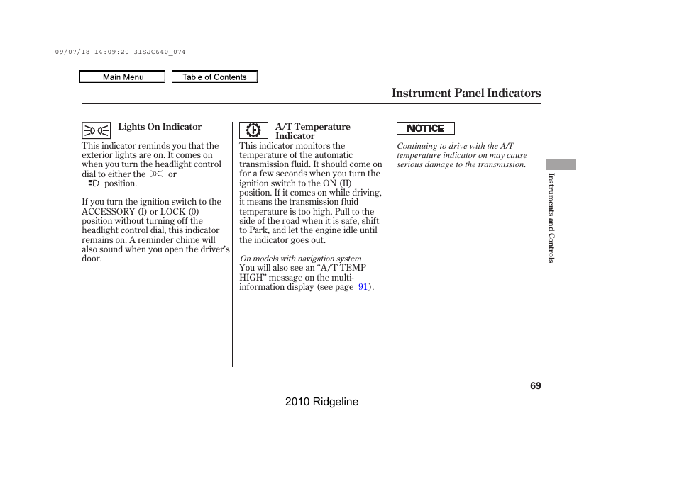 Instrument panel indicators, 2010 ridgeline | HONDA 2010 Ridgeline User Manual | Page 73 / 423