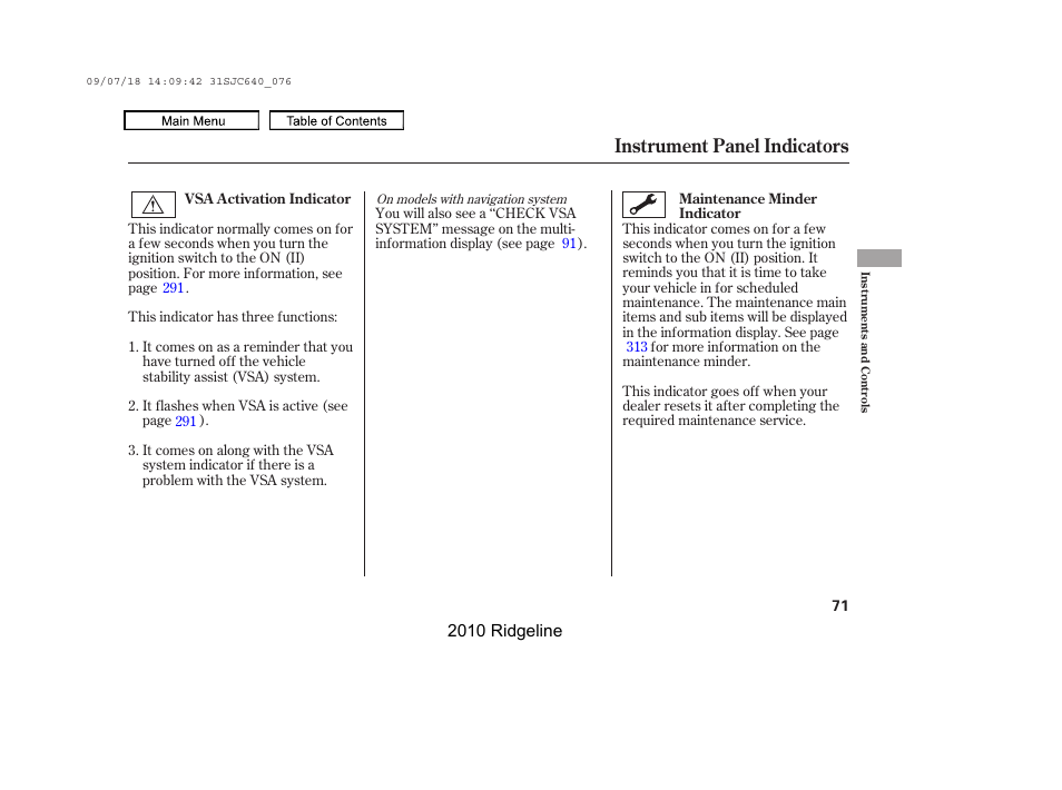 Instrument panel indicators | HONDA 2010 Ridgeline User Manual | Page 75 / 423