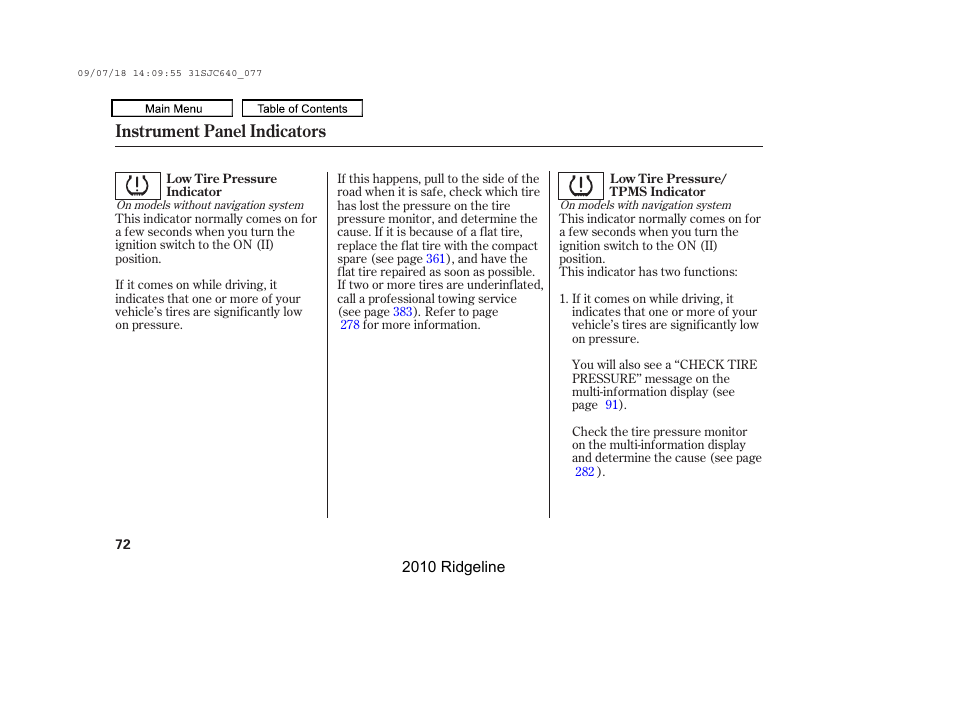 Instrument panel indicators | HONDA 2010 Ridgeline User Manual | Page 76 / 423