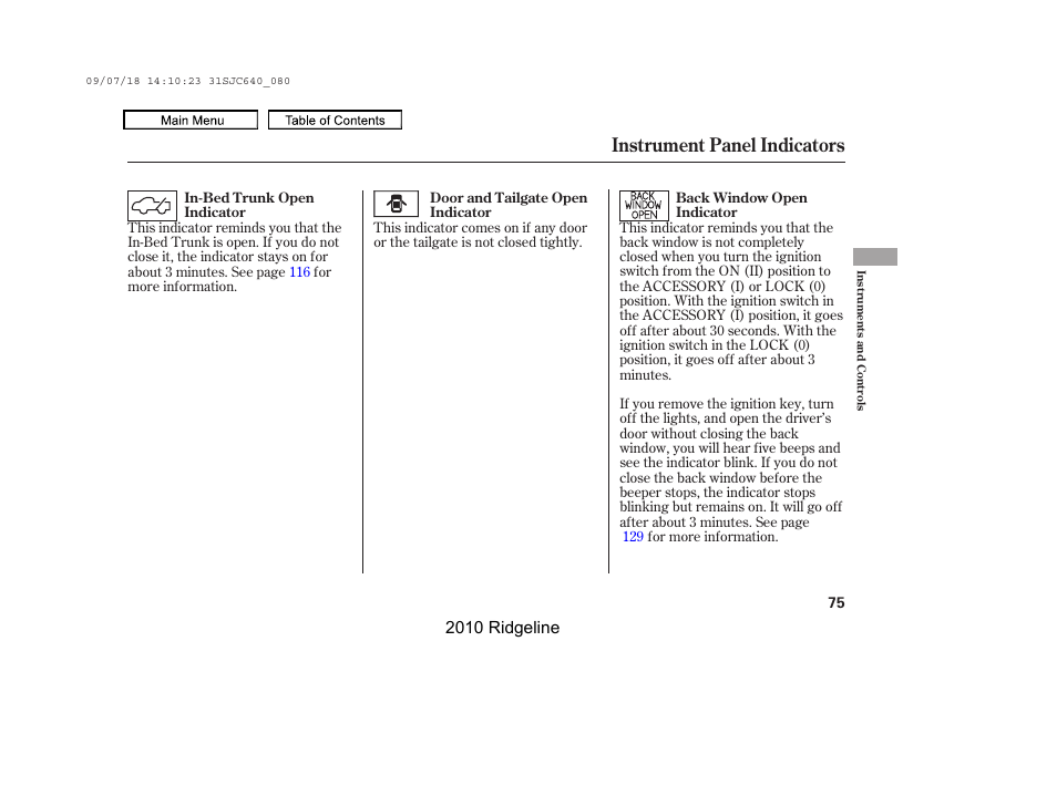 Instrument panel indicators, 2010 ridgeline | HONDA 2010 Ridgeline User Manual | Page 79 / 423