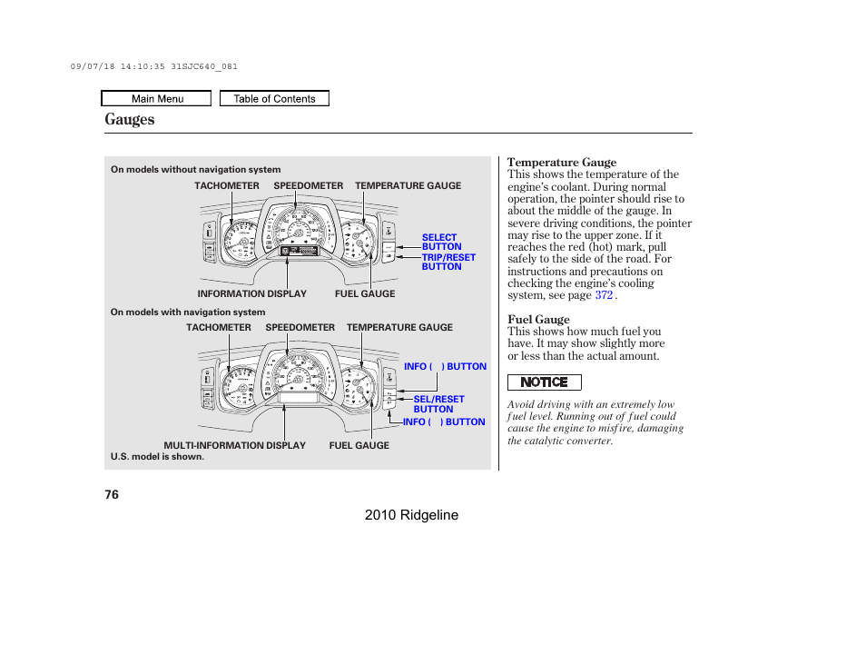 Gauges, 2010 ridgeline | HONDA 2010 Ridgeline User Manual | Page 80 / 423