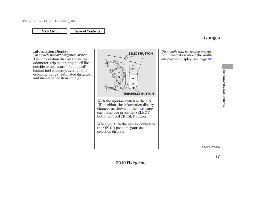 Select button trip/reset button, Gauges, 2010 ridgeline | HONDA 2010 Ridgeline User Manual | Page 81 / 423