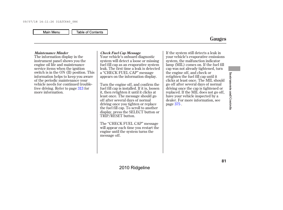 Gauges, 2010 ridgeline | HONDA 2010 Ridgeline User Manual | Page 85 / 423