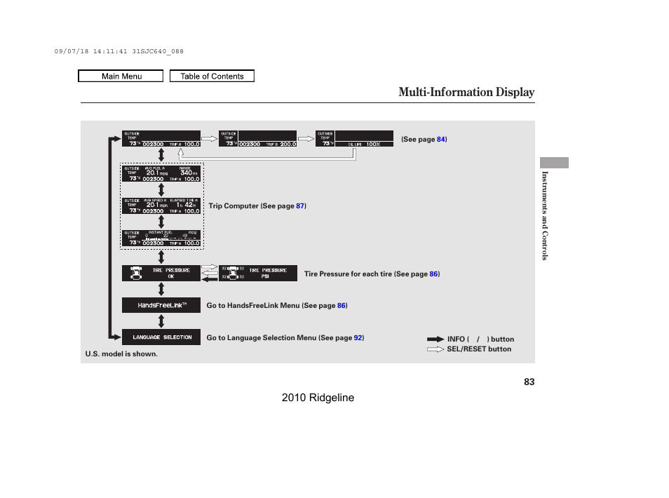 Next, Multi-information display, 2010 ridgeline | HONDA 2010 Ridgeline User Manual | Page 87 / 423