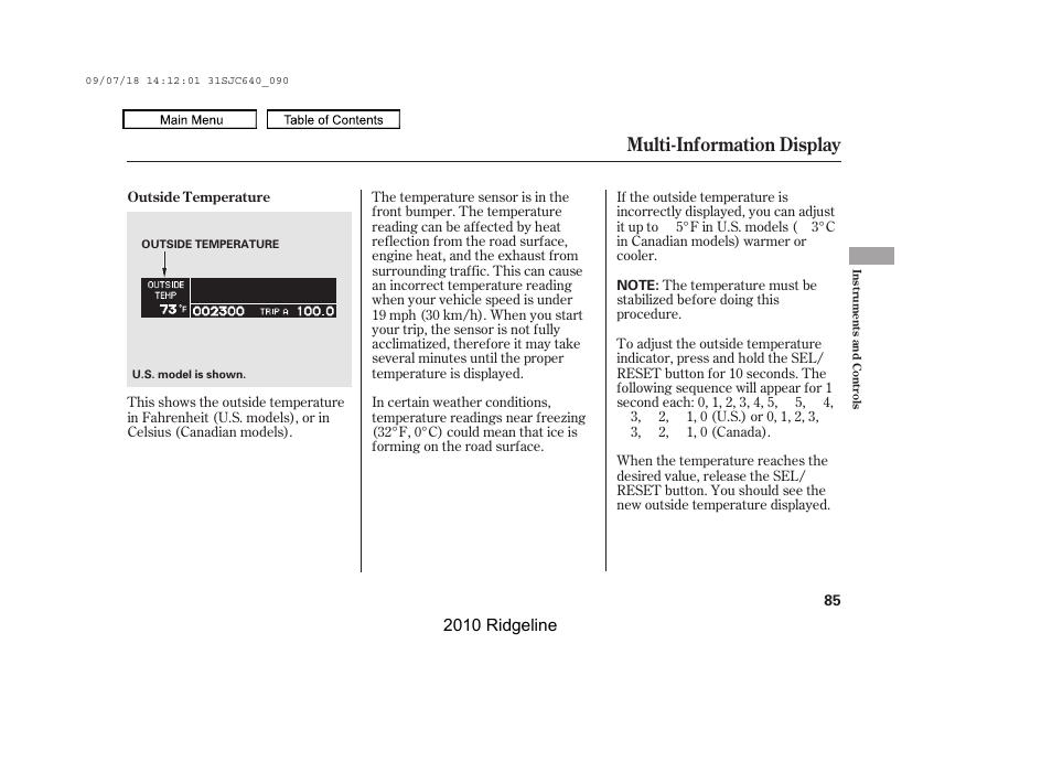 Multi-information display, 2010 ridgeline | HONDA 2010 Ridgeline User Manual | Page 89 / 423