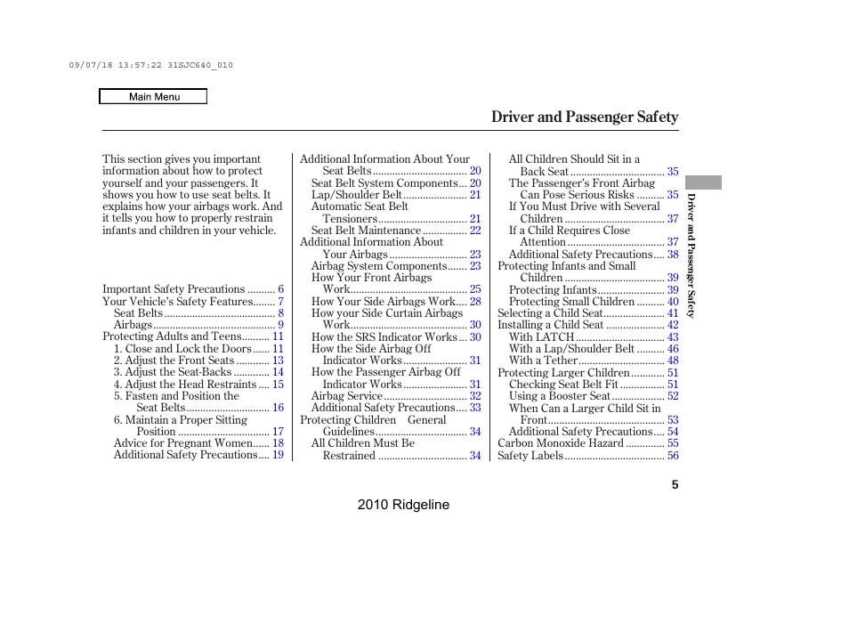 Driver and passenger safety | HONDA 2010 Ridgeline User Manual | Page 9 / 423