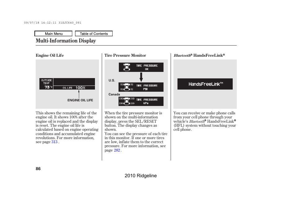 Multi-information display | HONDA 2010 Ridgeline User Manual | Page 90 / 423