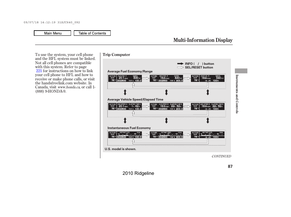 Multi-information display, 2010 ridgeline | HONDA 2010 Ridgeline User Manual | Page 91 / 423