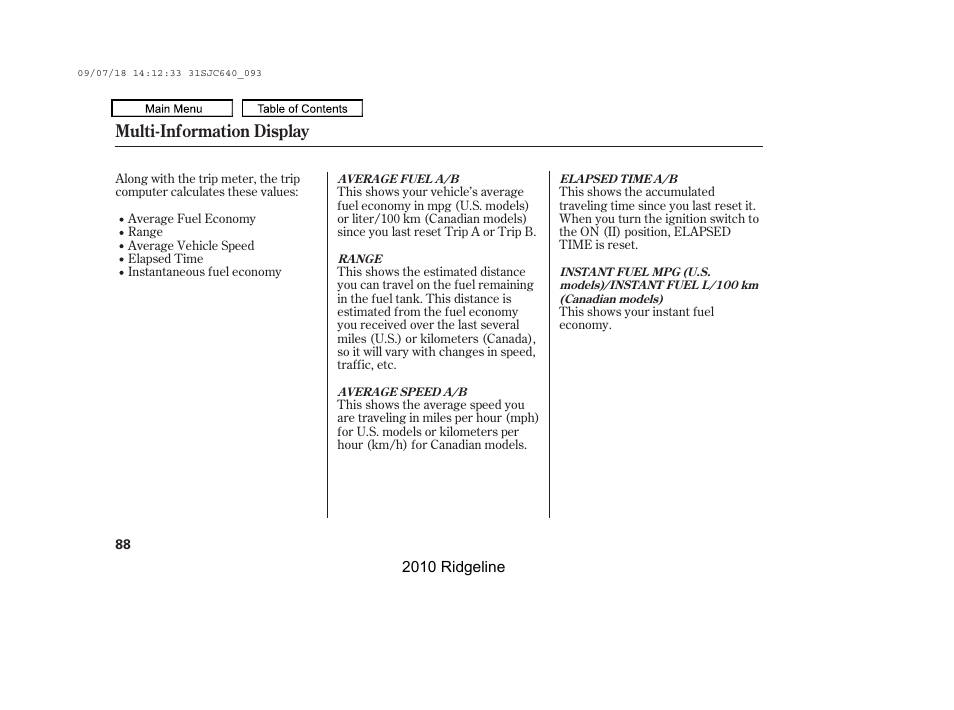 Multi-information display | HONDA 2010 Ridgeline User Manual | Page 92 / 423