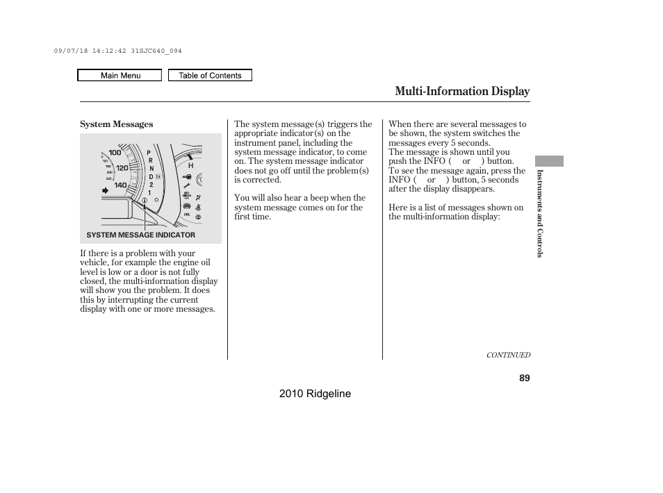 Multi-information display, 2010 ridgeline | HONDA 2010 Ridgeline User Manual | Page 93 / 423