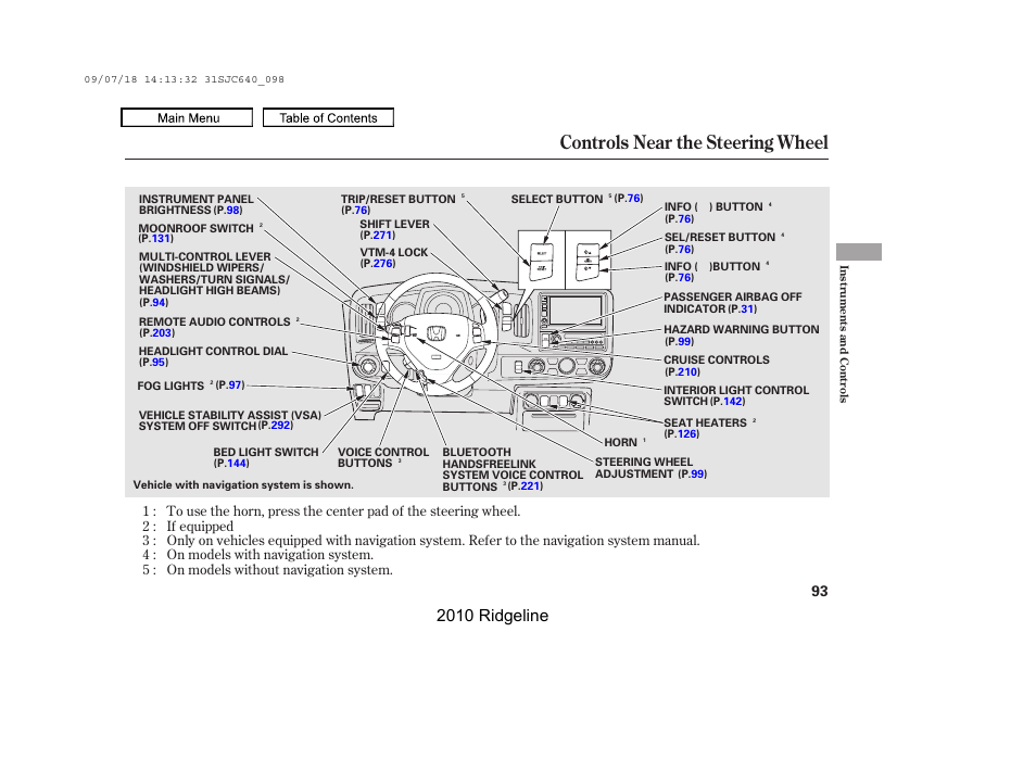 Controls near the steering wheel, 2010 ridgeline | HONDA 2010 Ridgeline User Manual | Page 97 / 423