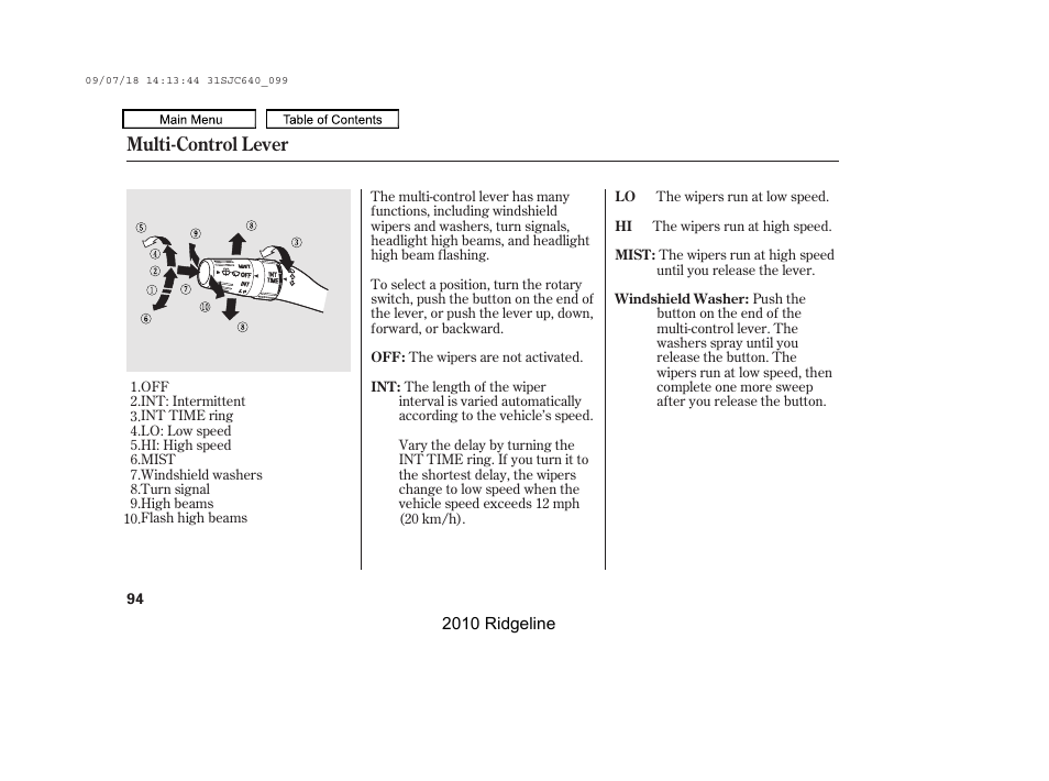 Multi-control lever | HONDA 2010 Ridgeline User Manual | Page 98 / 423