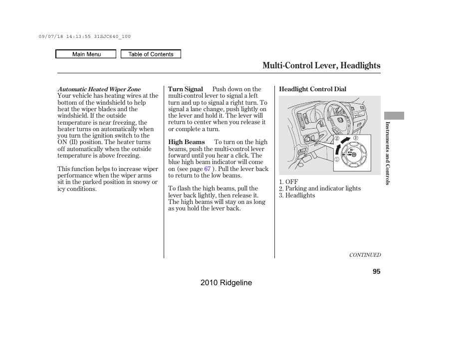 Multi-control lever, headlights, 2010 ridgeline | HONDA 2010 Ridgeline User Manual | Page 99 / 423