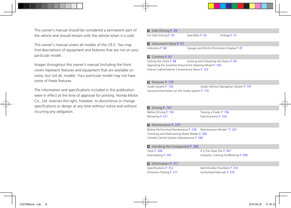 HONDA 2011 CR-Z User Manual | 332 pages