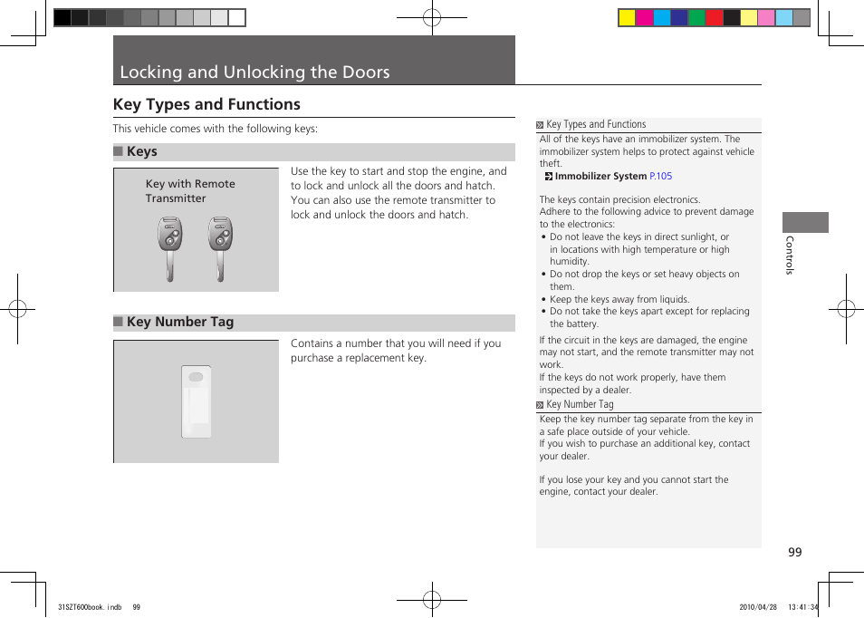 Locking and unlocking the doors, Key types and functions, 2011 cr-z | HONDA 2011 CR-Z User Manual | Page 100 / 332