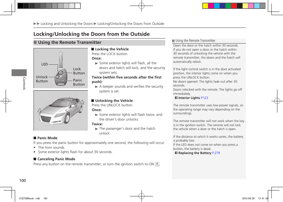 P.100, Locking/unlocking the doors from the outside, 2011 cr-z | HONDA 2011 CR-Z User Manual | Page 101 / 332