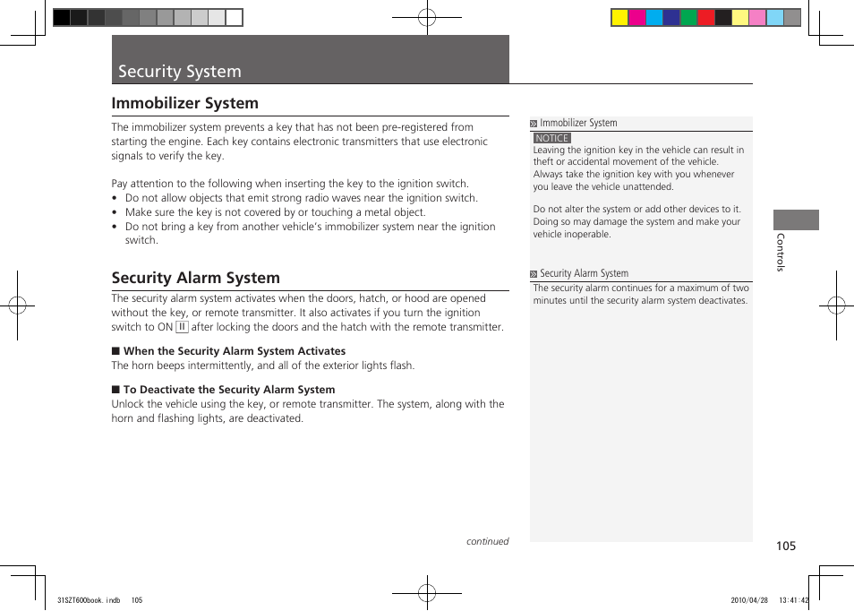 Security alarm system, P.105, Security system | Immobilizer system, 2011 cr-z | HONDA 2011 CR-Z User Manual | Page 106 / 332