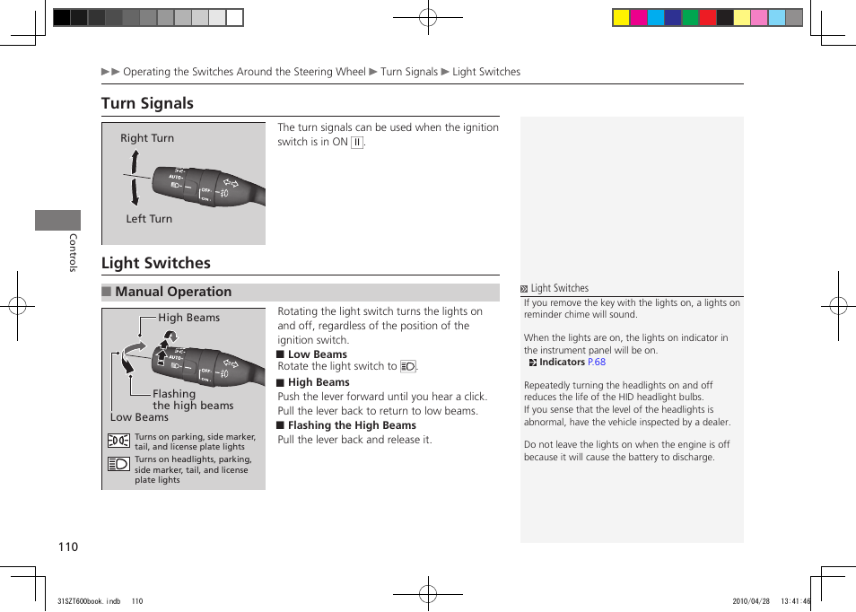 P.110, P.110,262, P.110,258 | P.110,263, Turn signals, Light switches, 2011 cr-z | HONDA 2011 CR-Z User Manual | Page 111 / 332