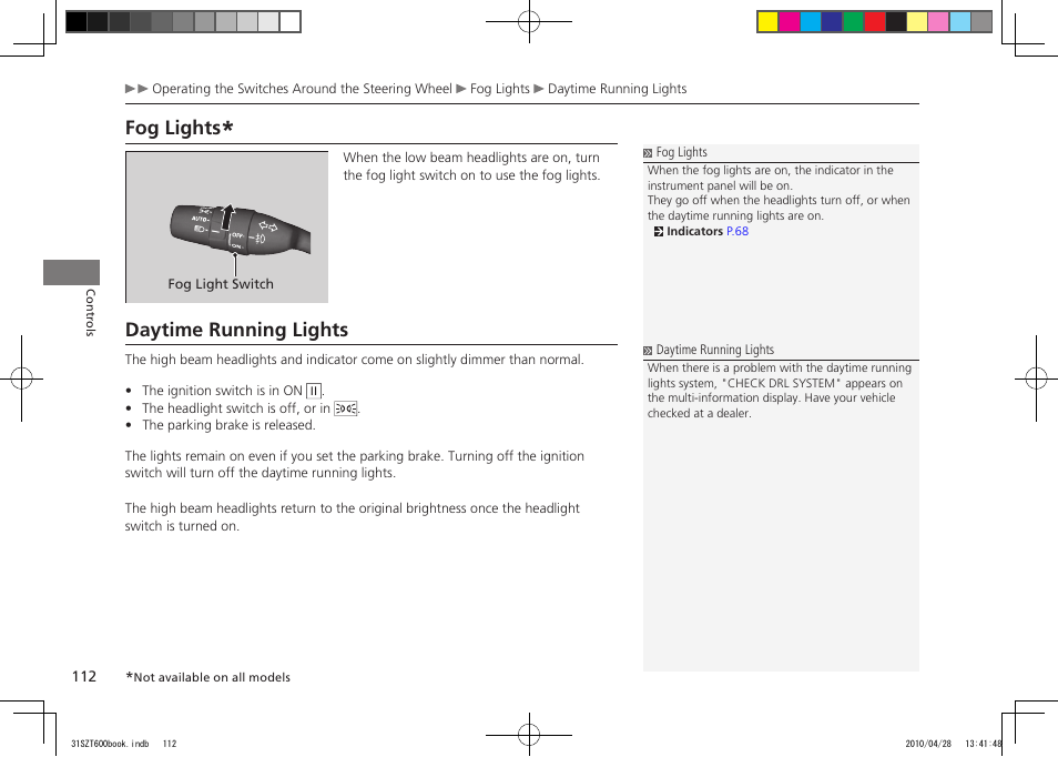 P.112, P.112,260, Daytime running lights | Fog lights, 2011 cr-z | HONDA 2011 CR-Z User Manual | Page 113 / 332