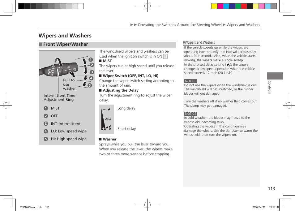 P.113, P.113,266, Wipers and washers | 2011 cr-z | HONDA 2011 CR-Z User Manual | Page 114 / 332