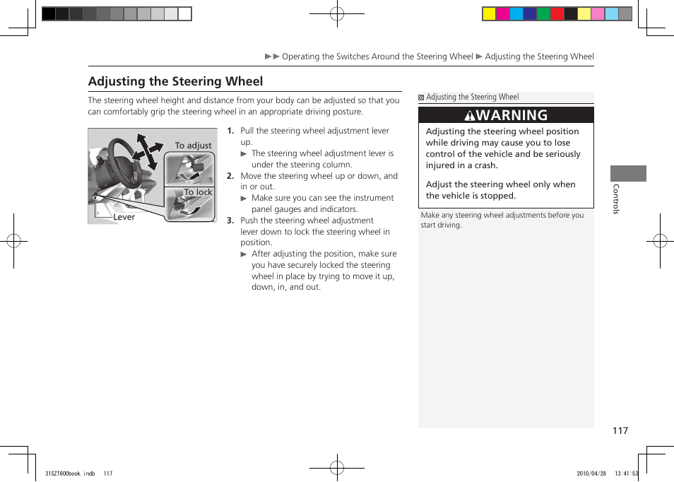 P.117, Warning, Adjusting the steering wheel | 2011 cr-z | HONDA 2011 CR-Z User Manual | Page 118 / 332