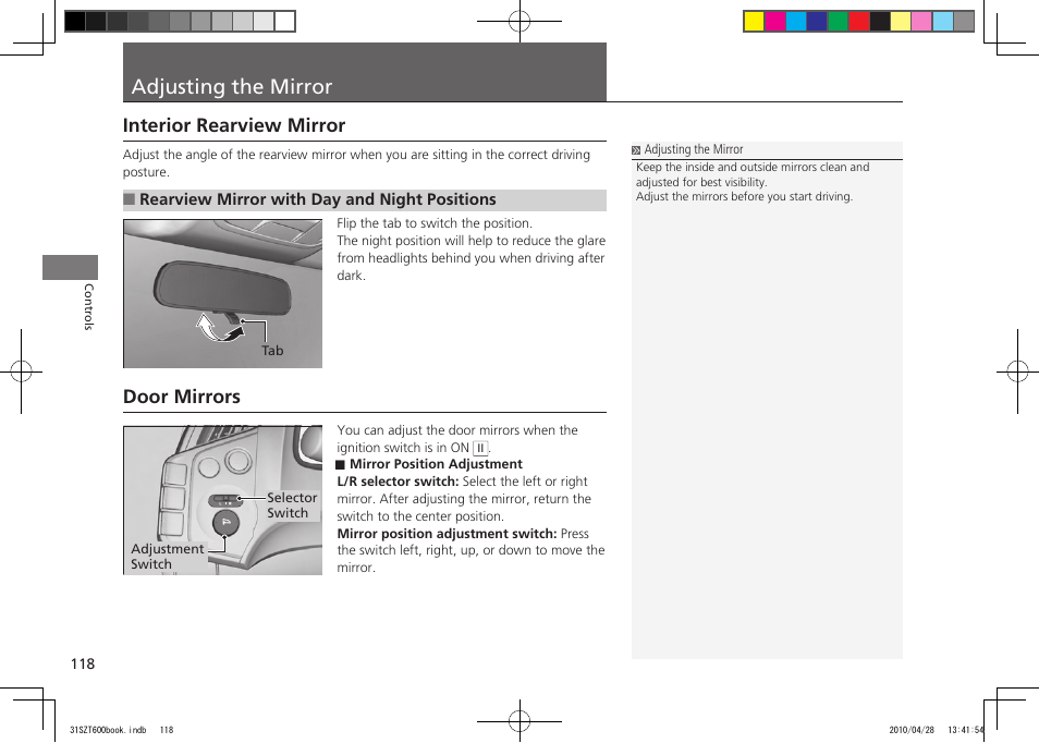 P.118, Adjusting the mirror, Interior rearview mirror | Door mirrors | HONDA 2011 CR-Z User Manual | Page 119 / 332