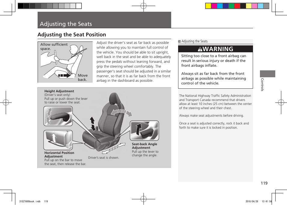 P.119, Adjusting the seats, Warning | Adjusting the seat position, 2011 cr-z | HONDA 2011 CR-Z User Manual | Page 120 / 332